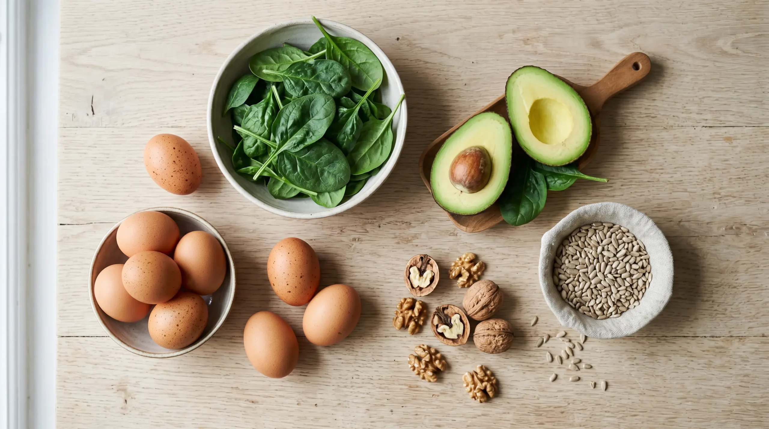 Vue de dessus sur des aliments naturels riches en biotine : œufs, noix, épinards et avocat disposés sur une surface en bois clair