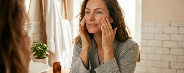 Femme d'une quarantaine d'années appliquant un soin sur son visage devant un miroir naturellement éclairé